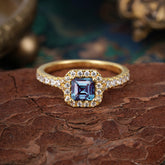 Princess Cut Alexandrite Engagement Ring Halo Half Eternity Pave Band